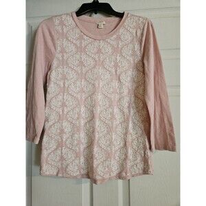 J Crew Blouse Women Pink Medium Pullover Embroidered Crewneck Floral 3/4 Sleeve